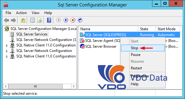 Khởi động/tắt dịch vụ SQL Server từ Trình quản lý cấu hình máy chủ SQL