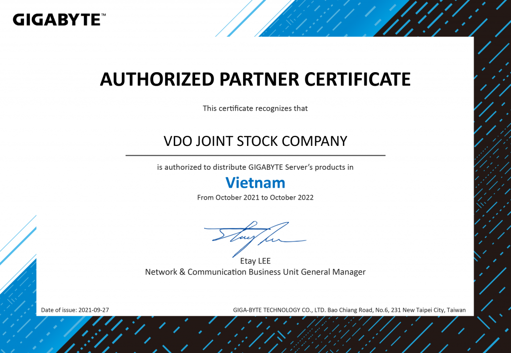 Giấy chứng nhận VDO là nhà cung cấp máy chủ chính hãng được Gigabyte ủy quyền tại Việt Nam