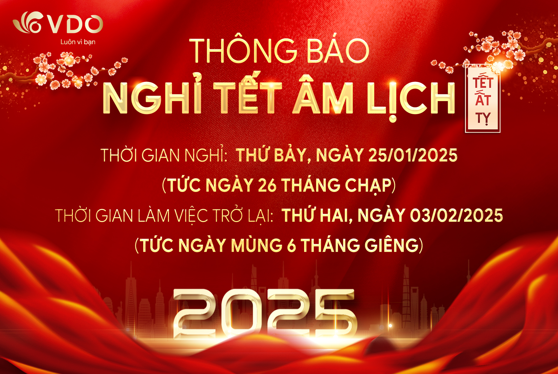 VDO THÔNG BÁO LỊCH NGHỈ TẾT NGUYÊN ĐÁN ẤT TỴ 2025